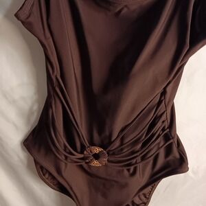 Longitude Sz 12 One Piece Swimsuit Bathing Suit Brown Gold Waist Accent EUC